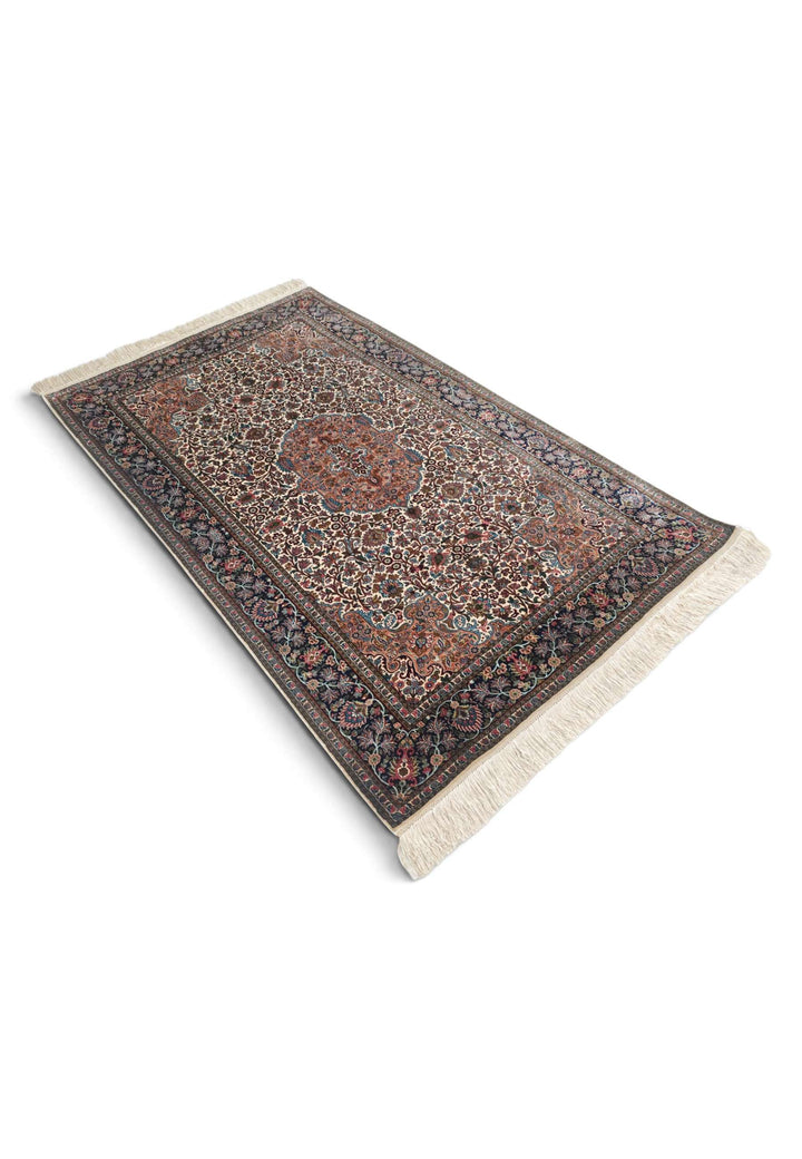 Ivory and Rust Rosette Medallion, Hand-Knotted Silk Rug