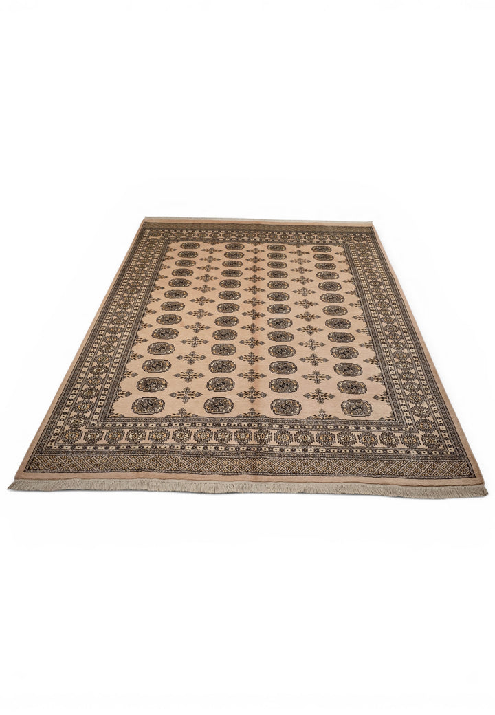 Camel Beige &amp; Charcoal Turkmen Gül Bokhara Rug, Hand-Knotted Pakistani Wool