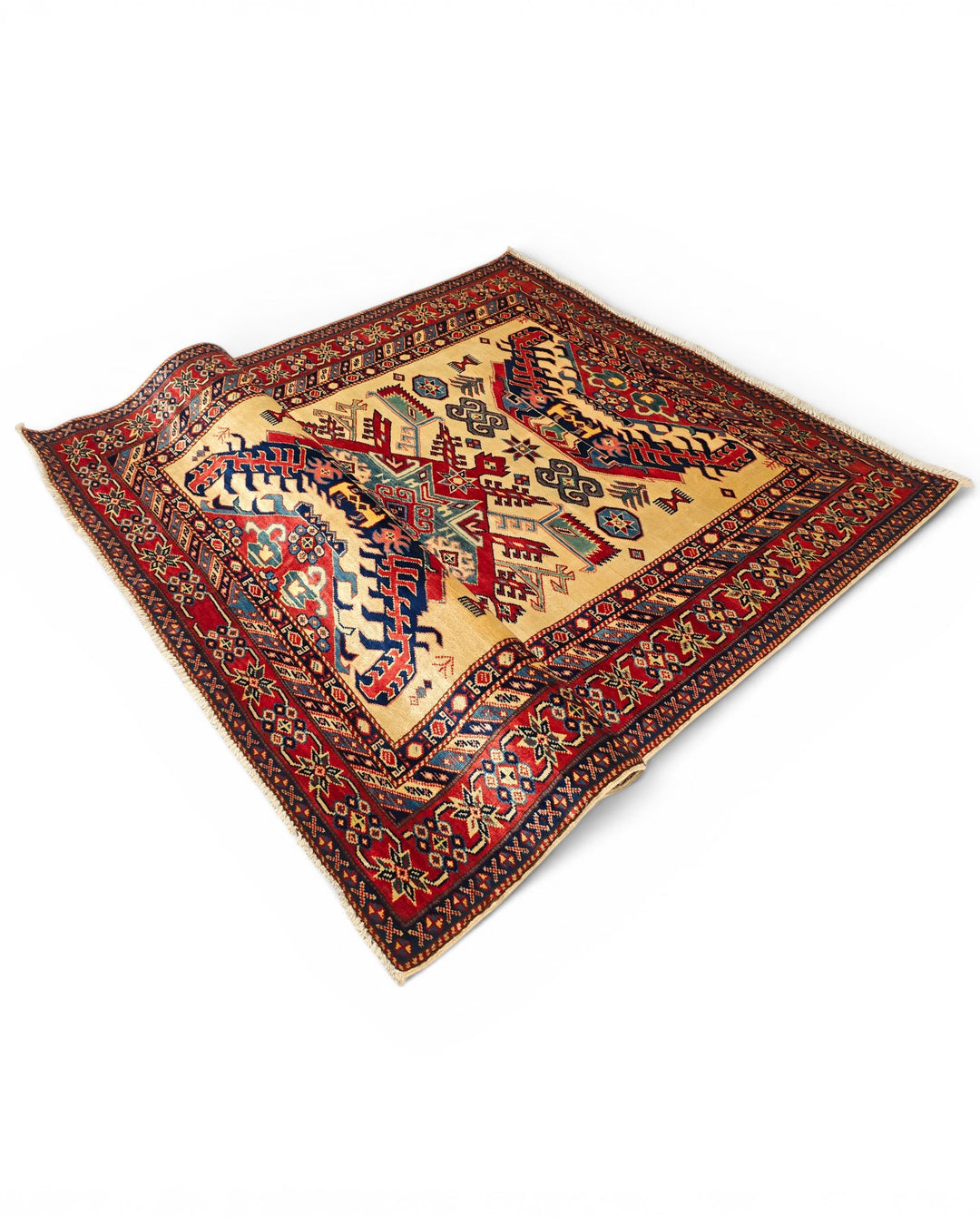 Ivory &amp; Red Sunburst Medallion Rug, Hand-Knotted Afghani Sherwan