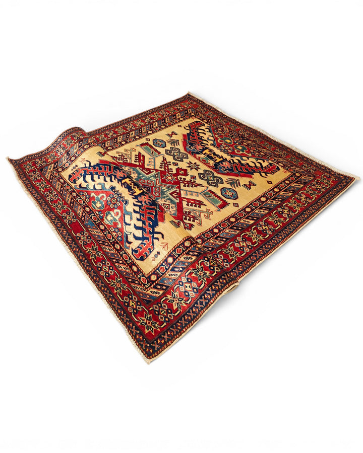 Ivory &amp; Red Sunburst Medallion Rug, Hand-Knotted Afghani Sherwan