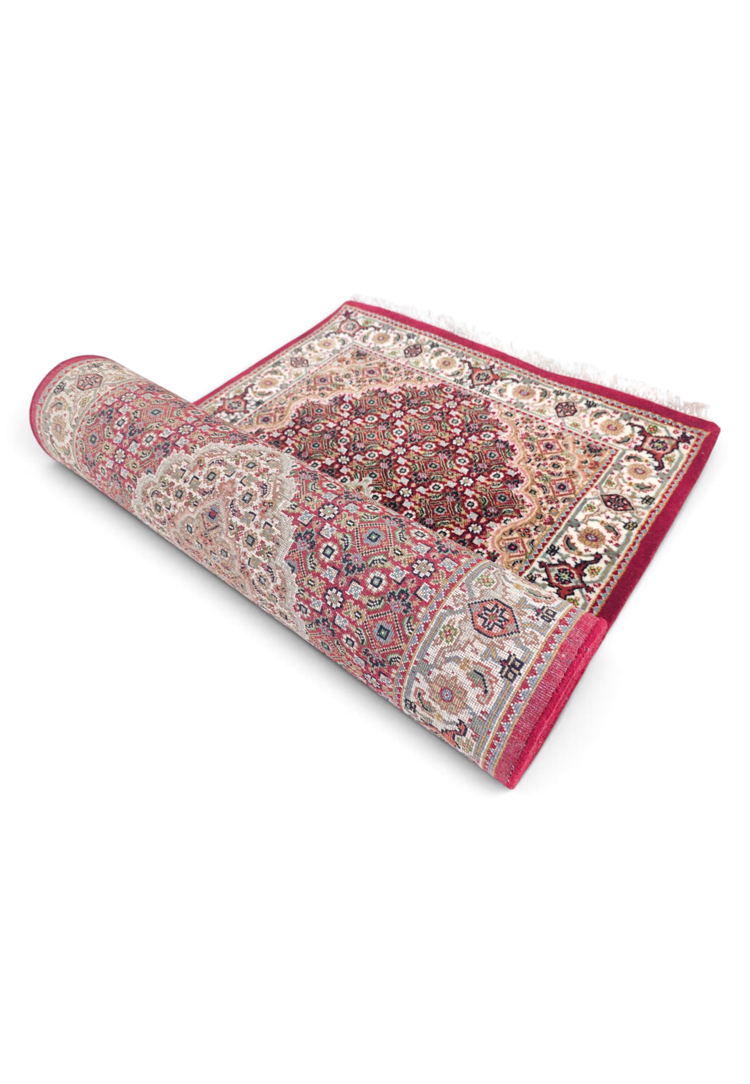 Deep Red and Ivory Mahi Medallion Tabriz, Hand-Knotted Wool Rug