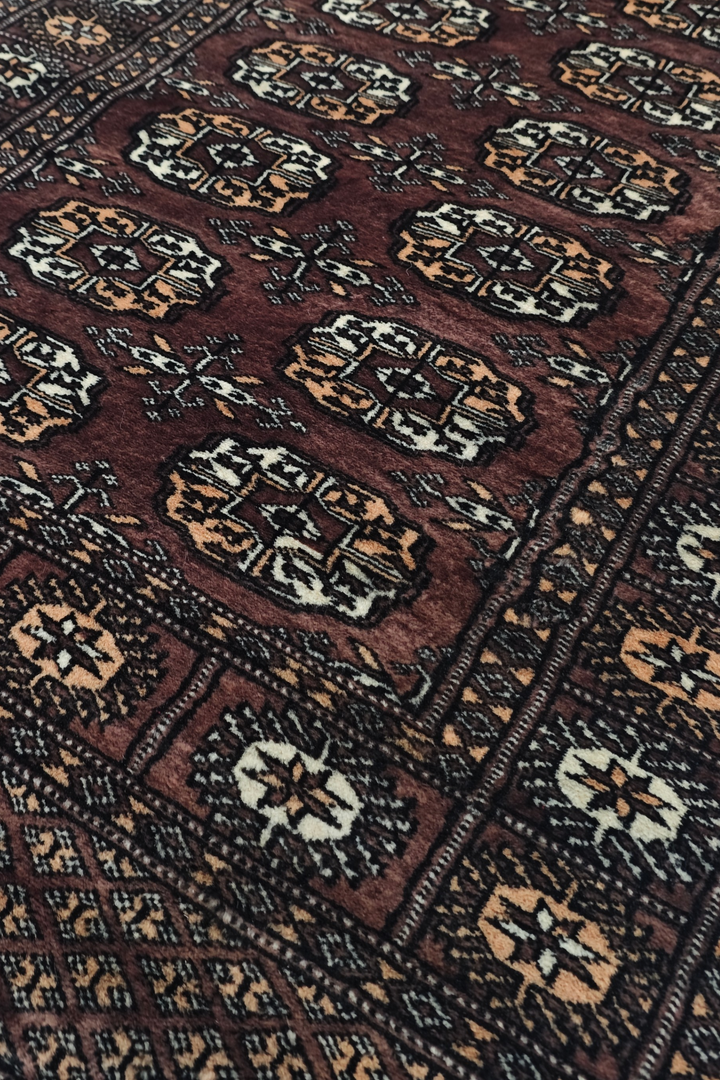Taupe and Cream Turkmen Gül Bokhara, Hand-Knotted Wool Rug