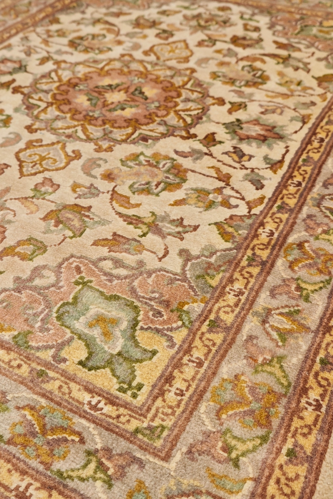 Ivory and Coral Medallion Tabriz, Hand-Knotted Wool and Silk Rug