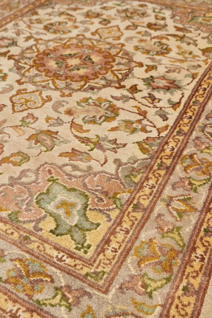 Ivory and Coral Medallion Tabriz, Hand-Knotted Wool and Silk Rug