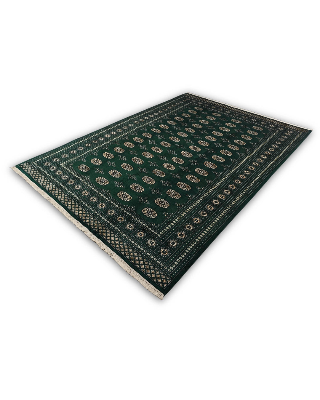 Forest Green Turkmen Gül Bokhara Rug, Hand-Knotted Pakistani Wool