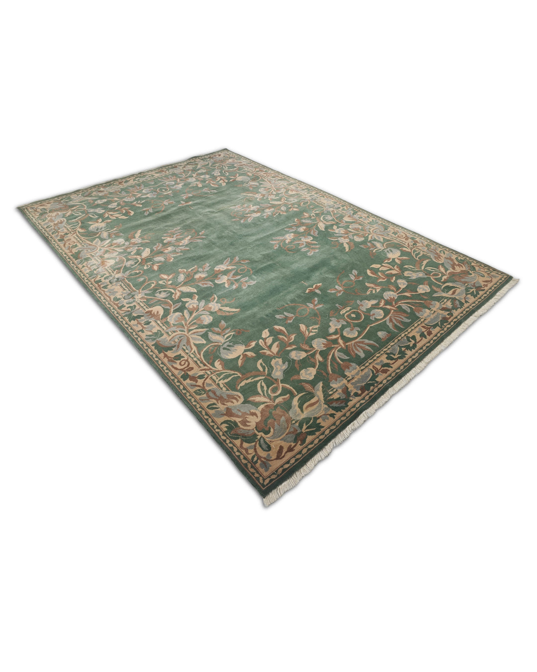 Green and Camel Gol Farang Floral, Hand-Knotted Wool Rug