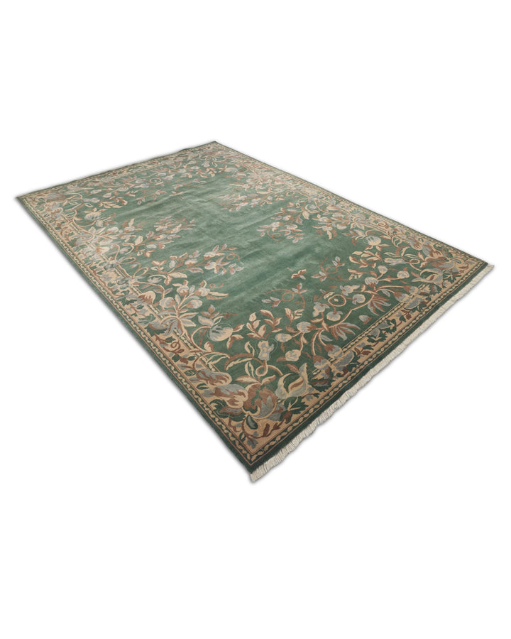 Green and Camel Gol Farang Floral, Hand-Knotted Wool Rug