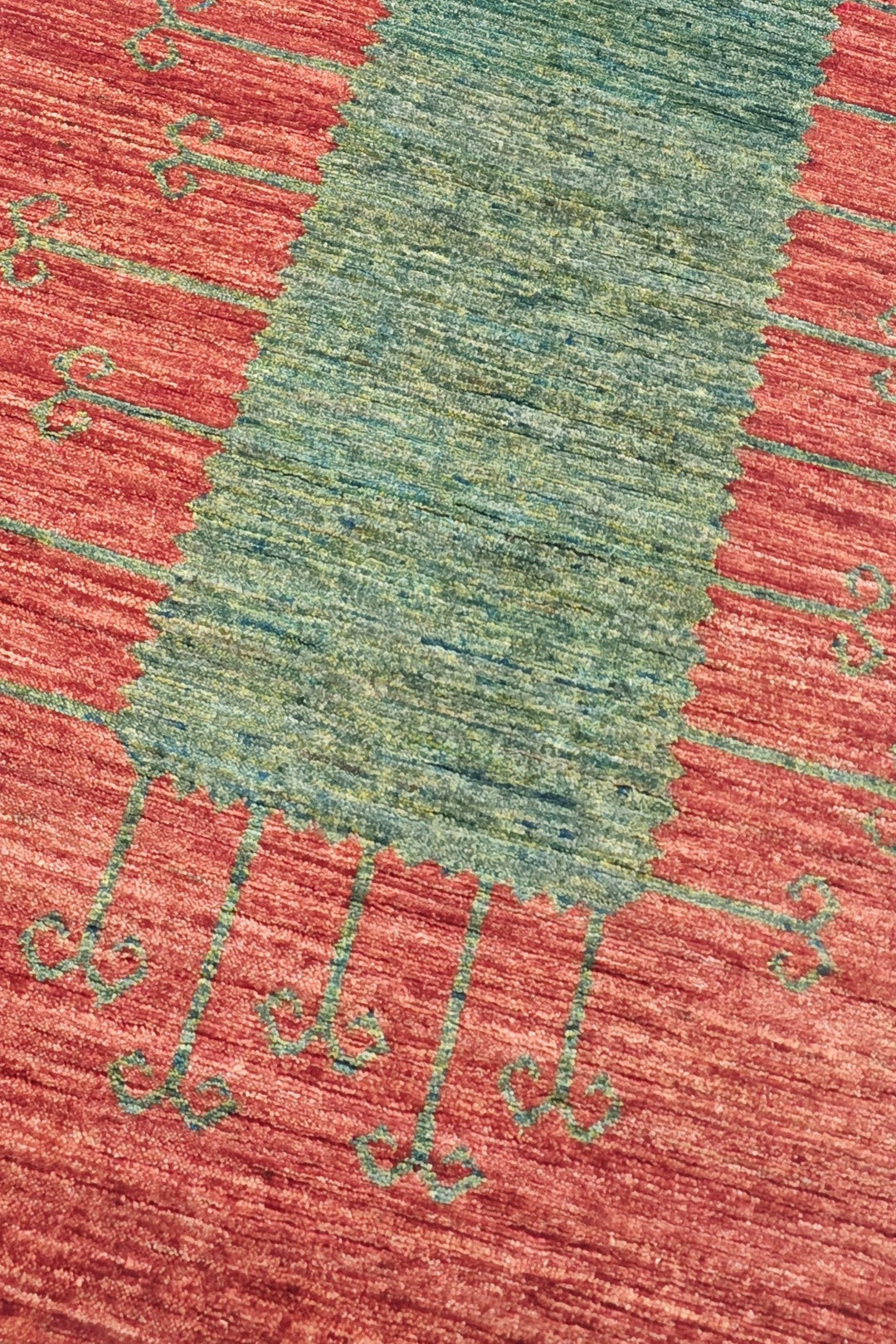 Terracotta Red and Green Panel Gabbeh, Hand-Knotted Wool Rug