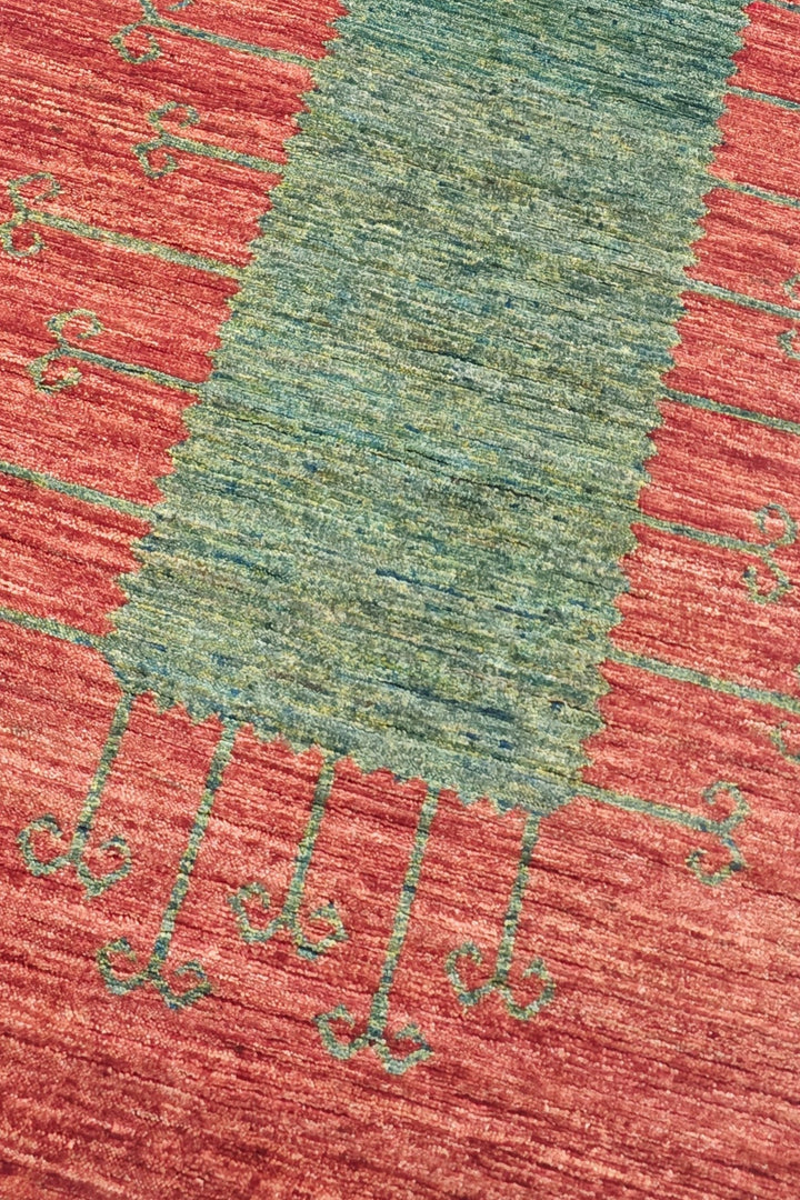 Terracotta Red and Green Panel Gabbeh, Hand-Knotted Wool Rug