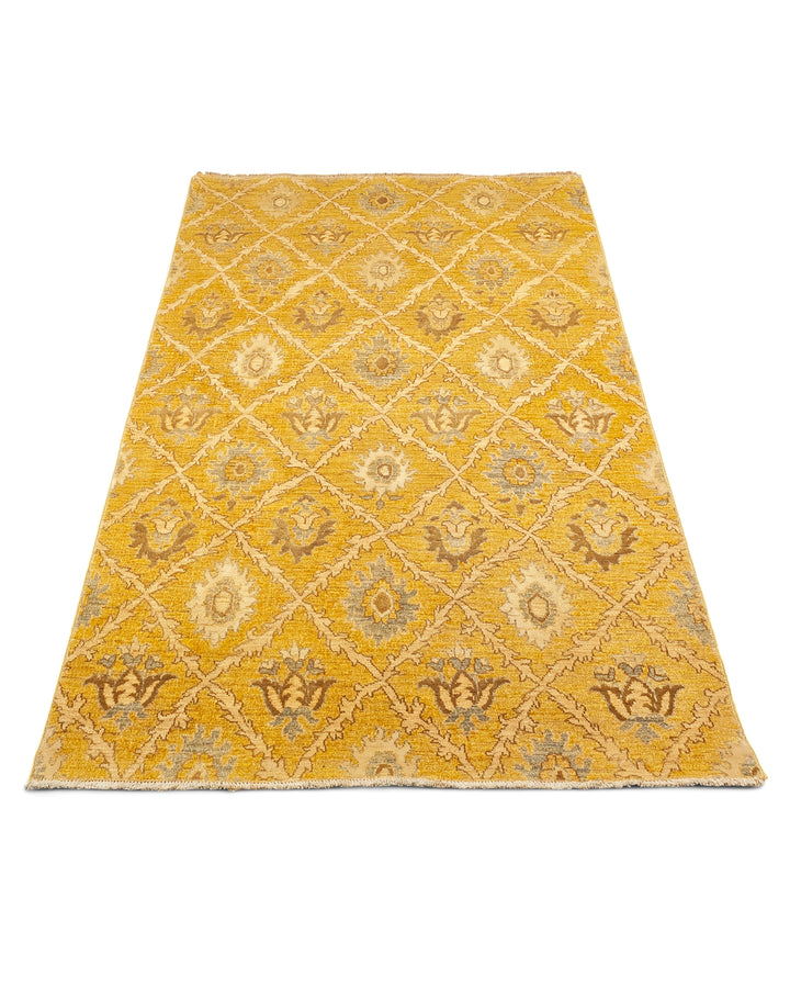 Goldenrod Trellis Gabbeh, Hand-Knotted Afghan Wool &amp; Silk Rug