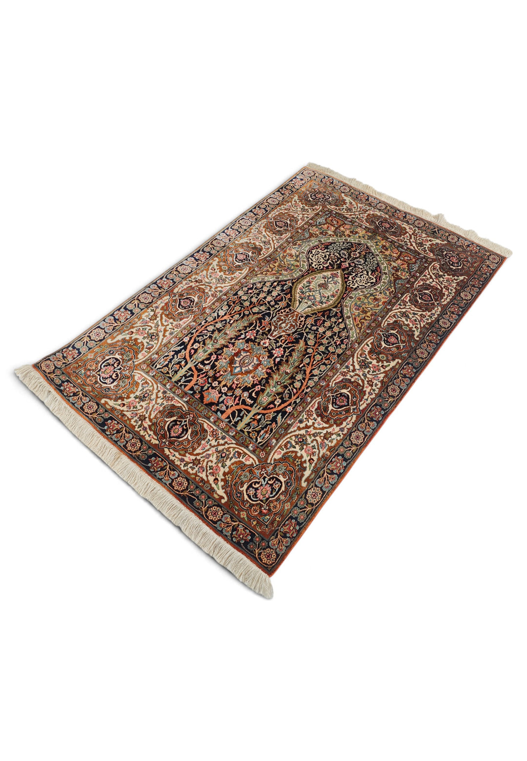 Black and Beige Mihrab Prayer Design, Hand-Knotted Silk Rug