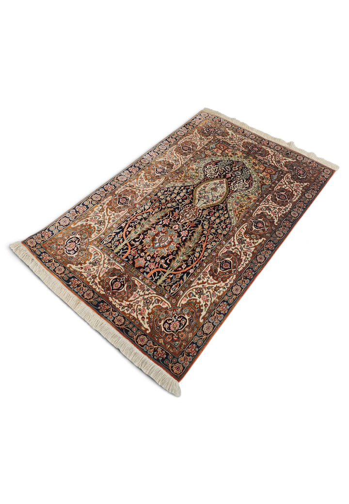 Black and Beige Mihrab Prayer Design, Hand-Knotted Silk Rug