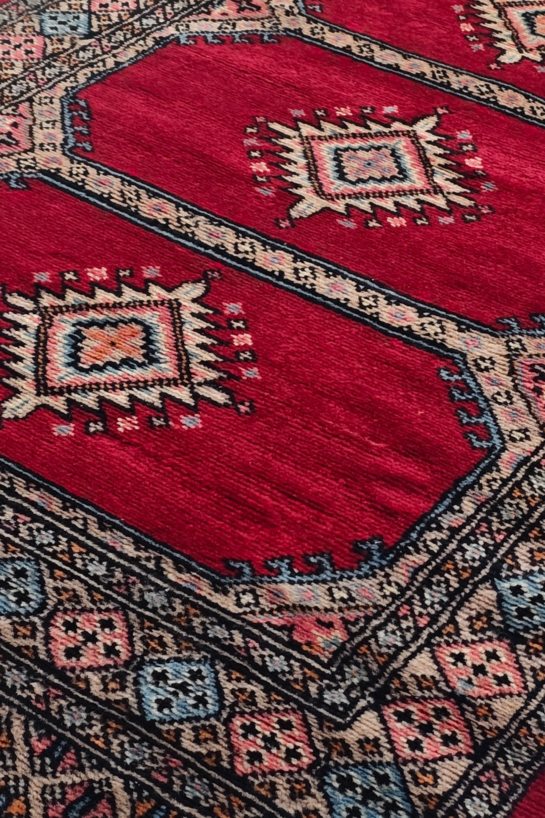 Crimson and Salmon Compartment Panel, Hand-Knotted Wool Rug