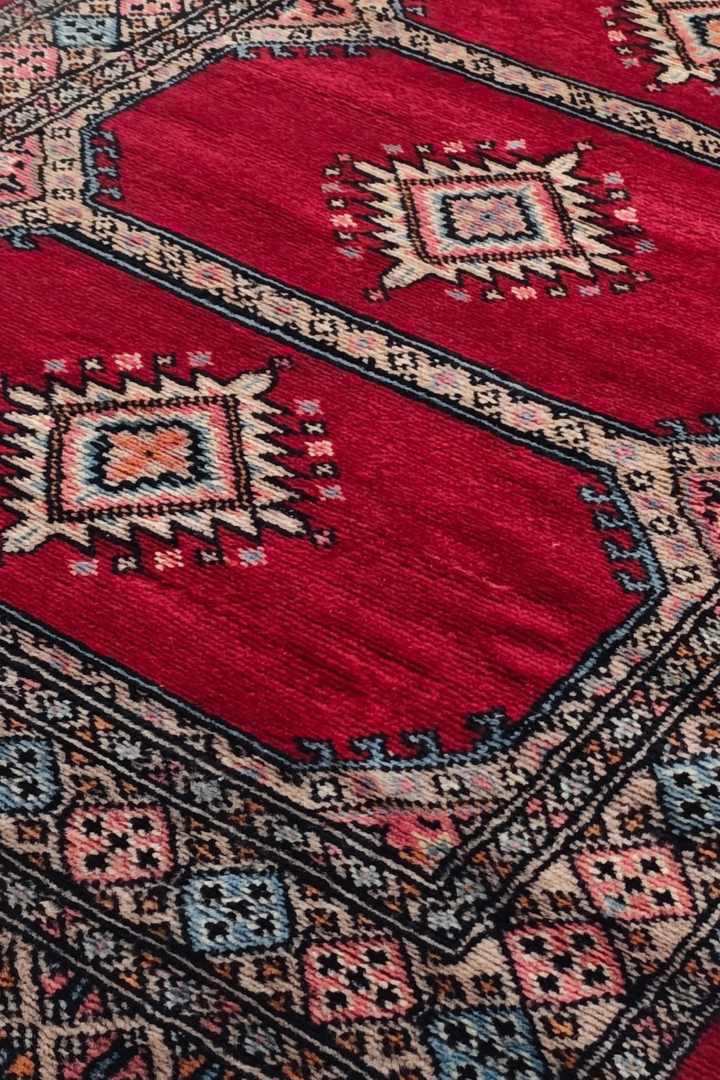 Crimson and Salmon Compartment Panel, Hand-Knotted Wool Rug