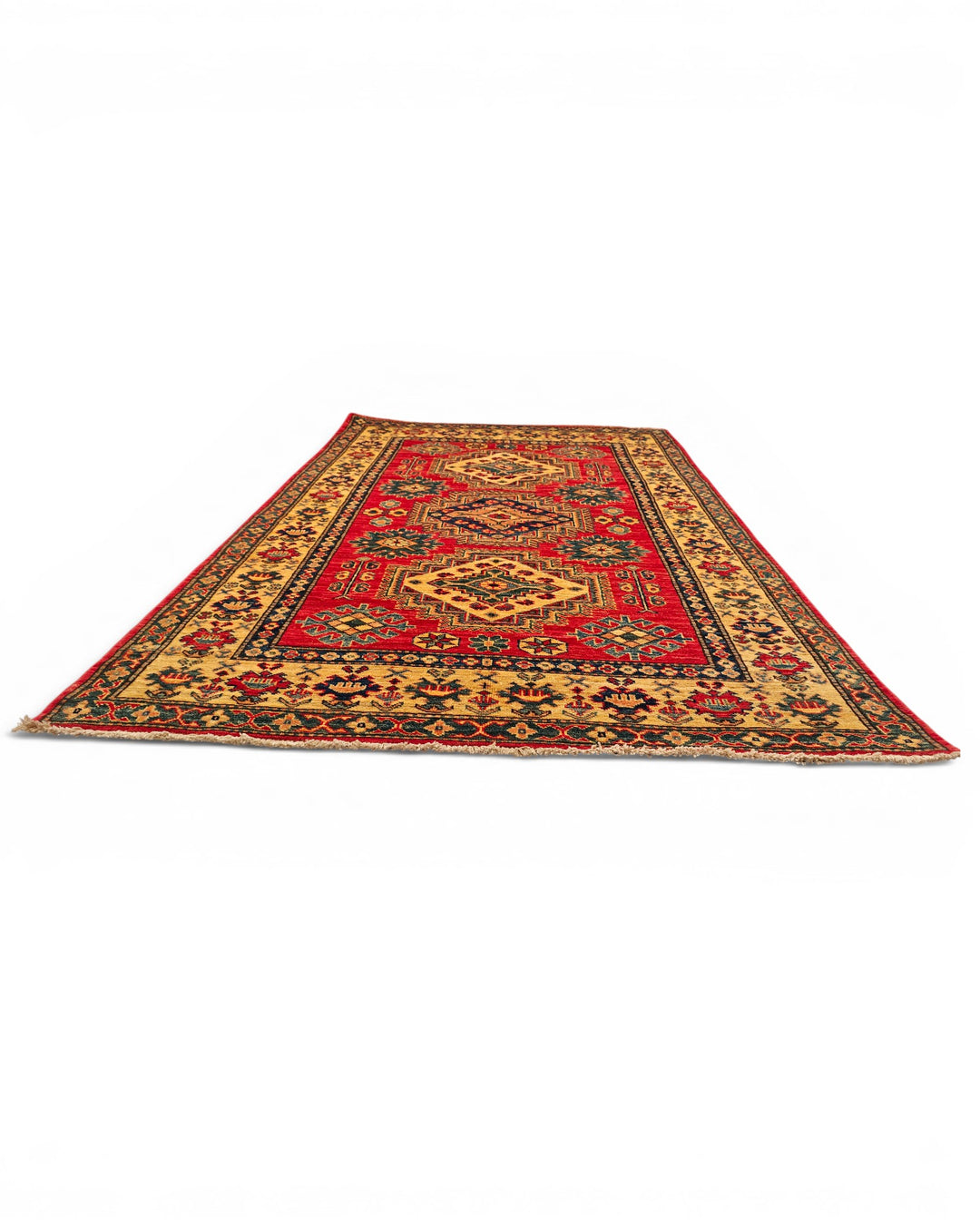 Red &amp; Gold Medallion Kazak Rug, Hand-Knotted Afghan Wool