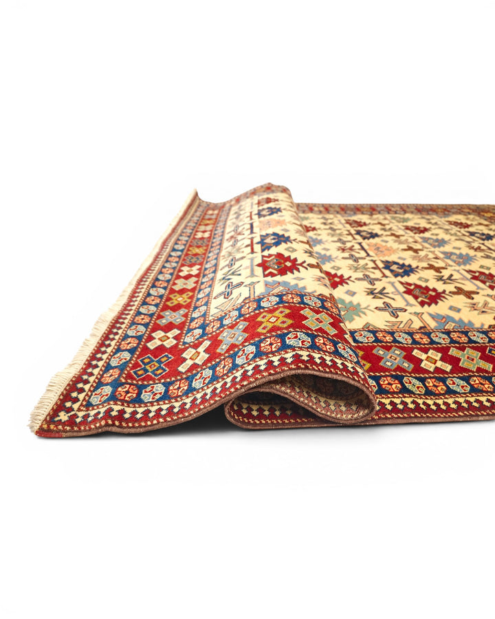 Ivory Caucasian Tribal Rug, Hand-Knotted Afghani Sherwan