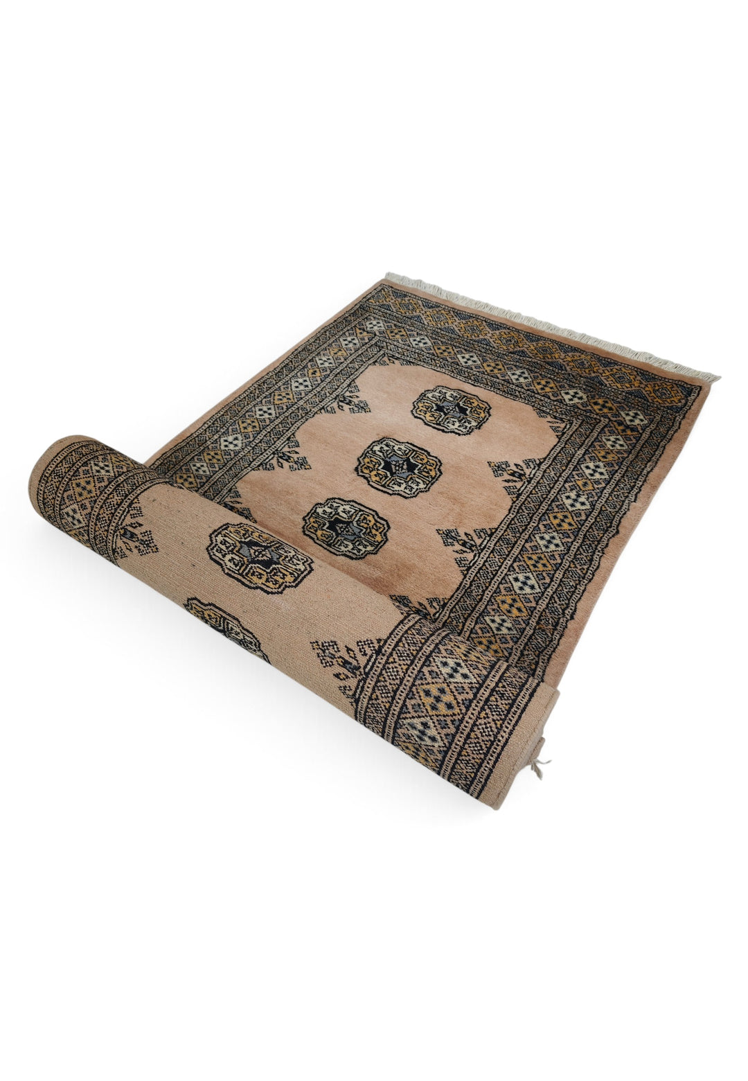 Salmon and Espresso Single Column Gül Bokhara, Hand-Knotted Wool Rug