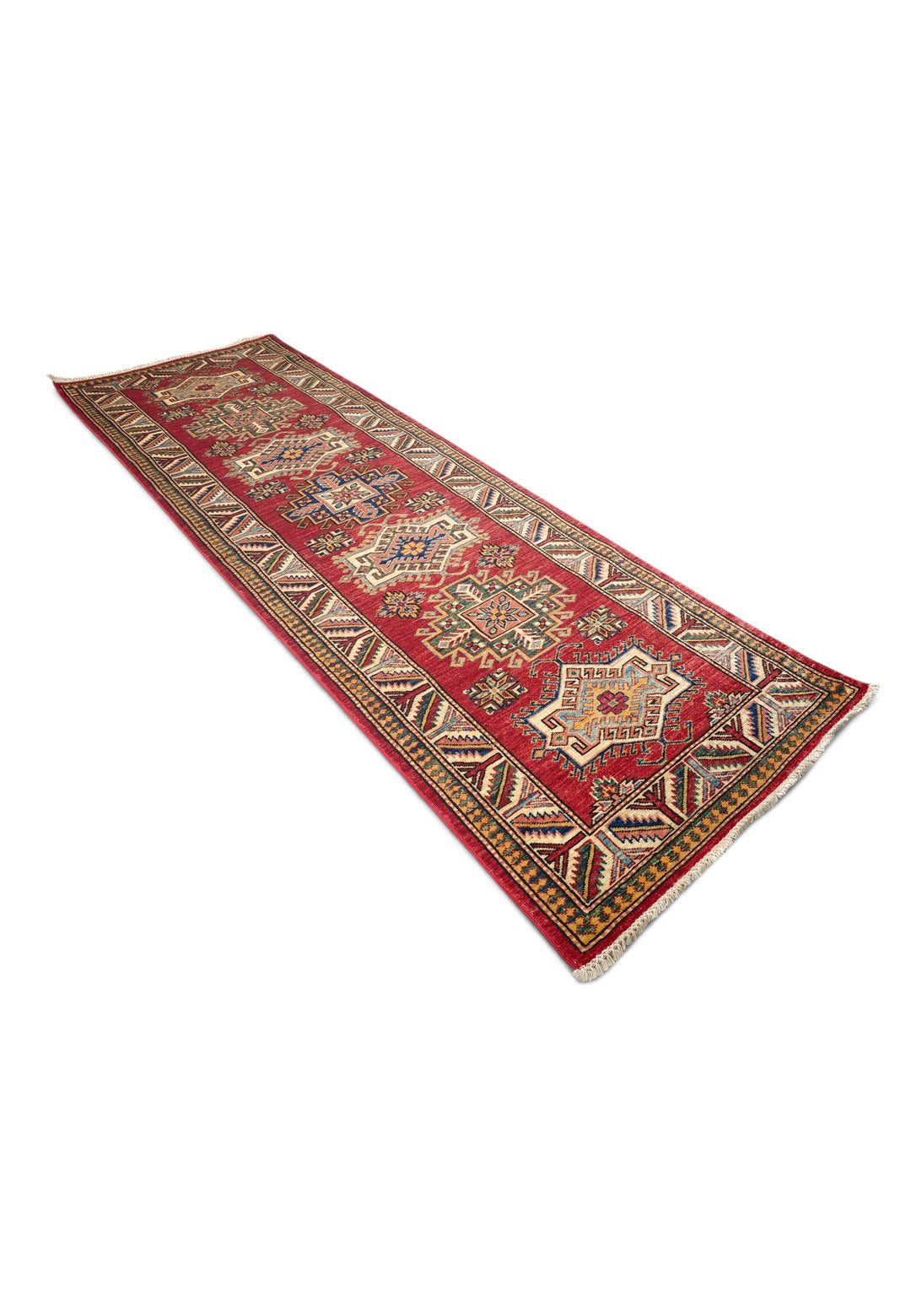 Deep Red and Cream Stepped Medallion Kazak, Hand-Knotted Wool Rug
