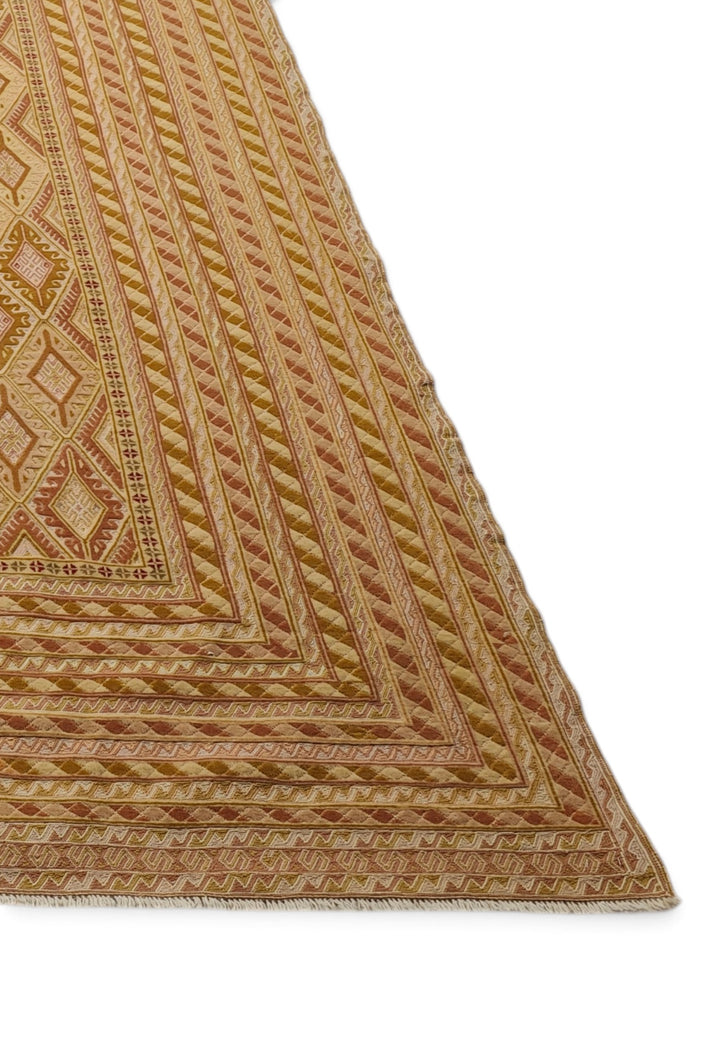 Gold and Cream Diamond Lattice Kilim, Hand-Woven Wool