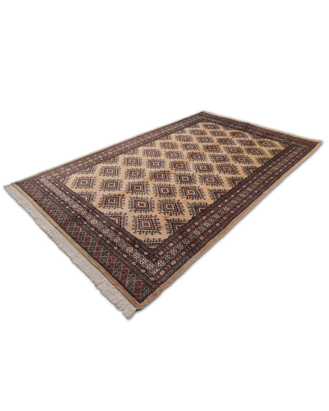 Cream and Brown Jaldar Stepped Diamond, Hand-Knotted Wool Rug