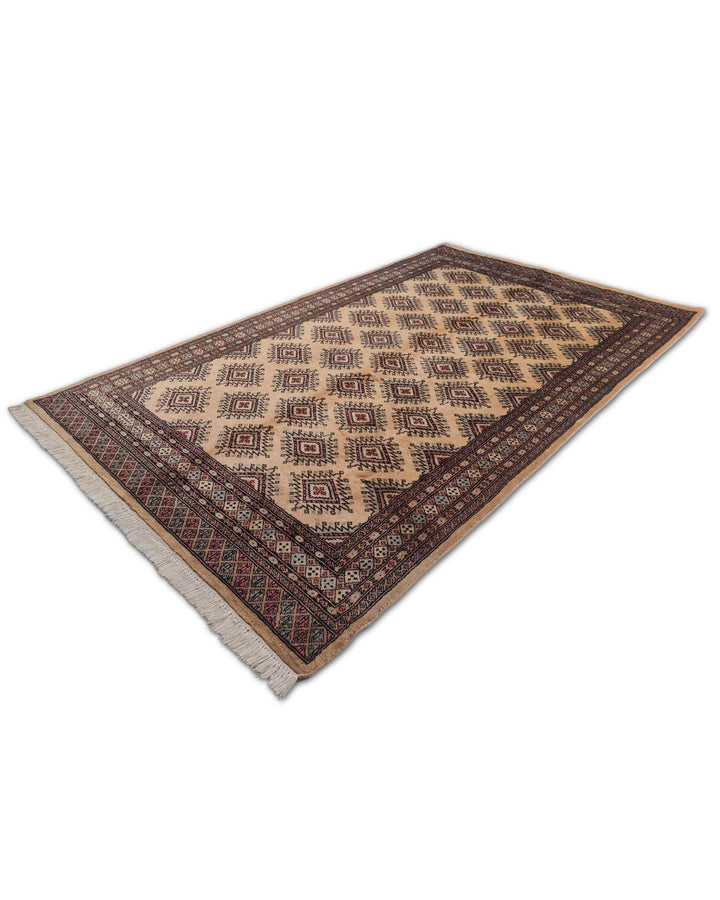 Cream and Brown Jaldar Stepped Diamond, Hand-Knotted Wool Rug