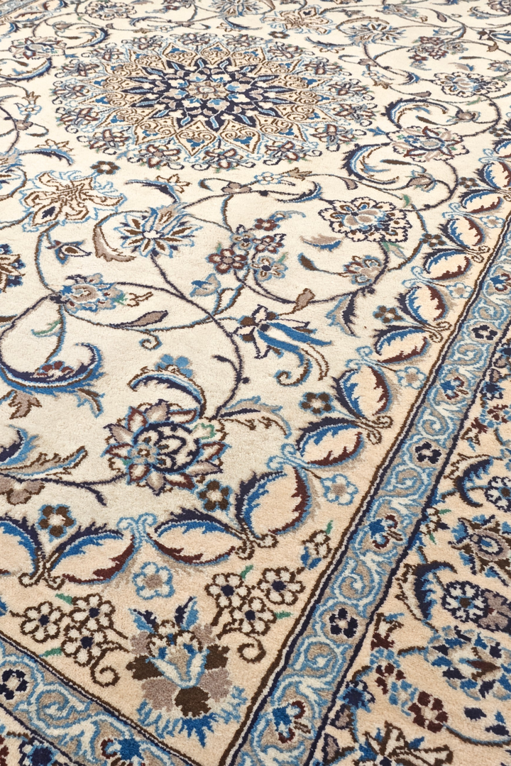 Ivory &amp; Blue Floral Persian Nain, Hand-Knotted Wool Rug