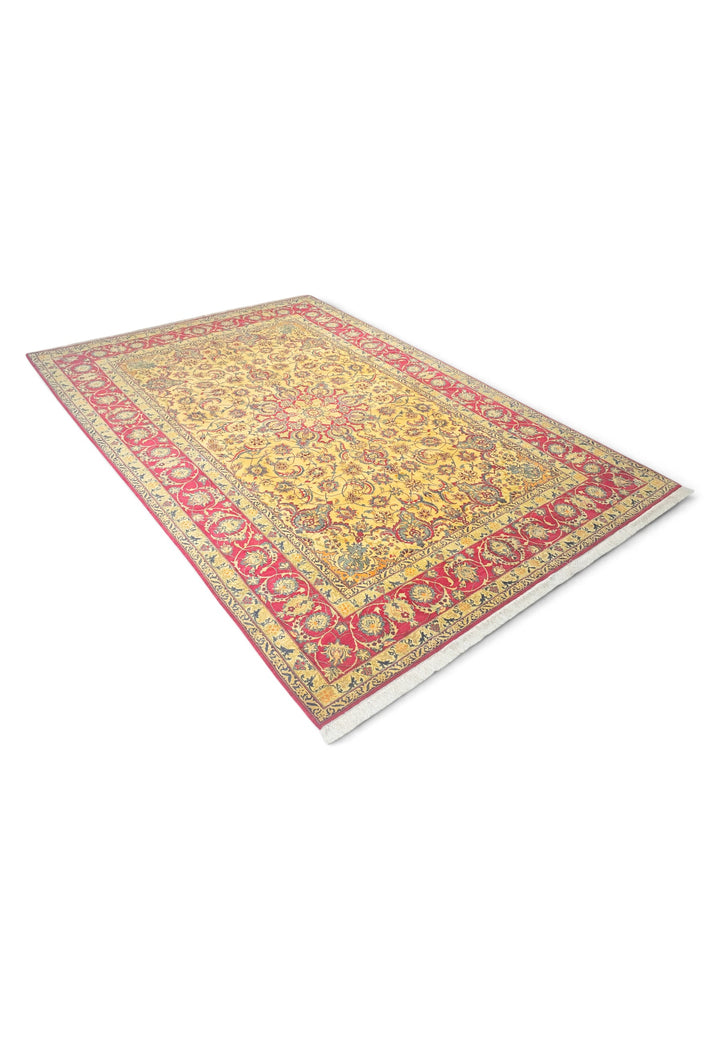 Gold and Crimson Star Medallion Isfahan, Hand-Knotted Wool Rug