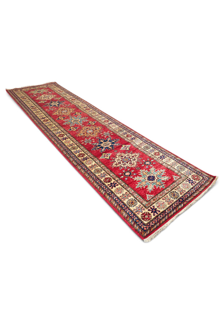 Red and Cream Serrated Star Kazak, Hand-Knotted Wool Rug