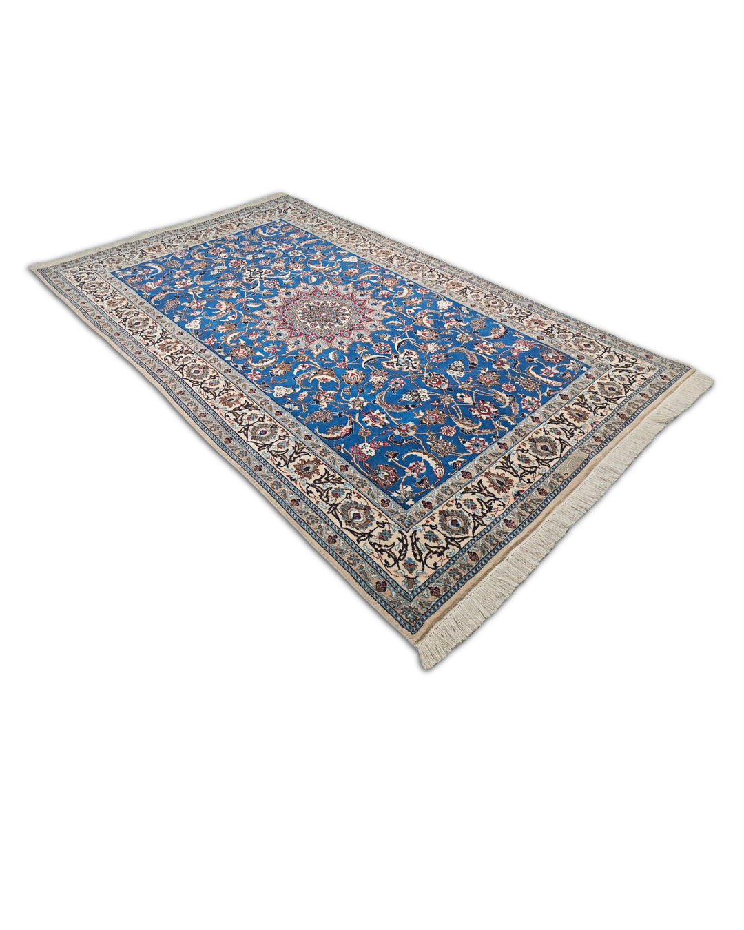 Cobalt Blue and Ivory Medallion Nain, Hand-Knotted Wool Rug