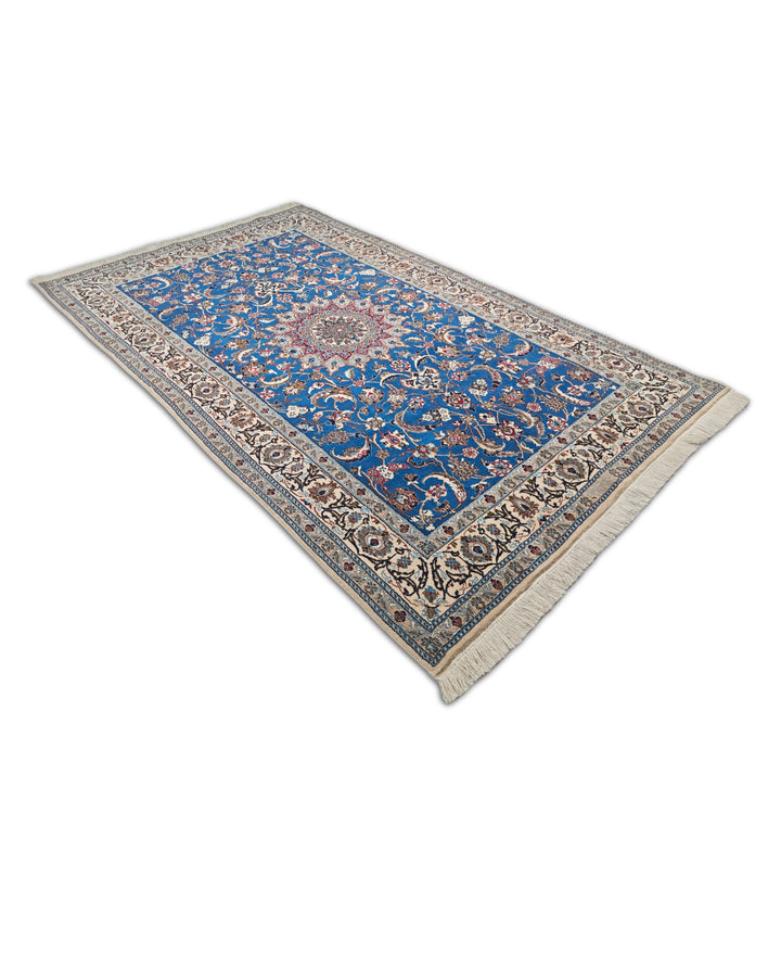 Cobalt Blue and Ivory Medallion Nain, Hand-Knotted Wool Rug