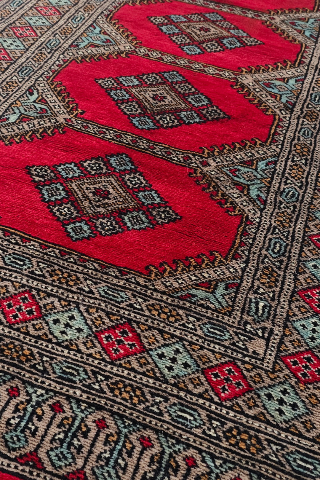 Crimson and Taupe Compartment Medallion, Hand-Knotted Wool Rug