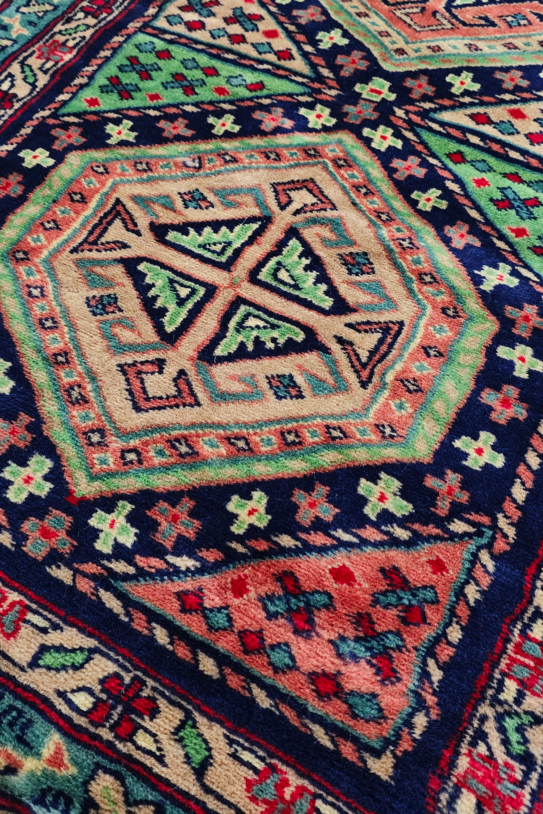 Navy and Rose Hexagonal Medallion Kazak, Hand-Knotted Wool Rug