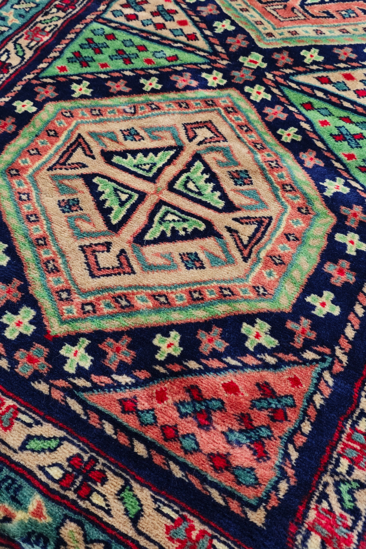 Navy and Rose Hexagonal Medallion Kazak, Hand-Knotted Wool Rug