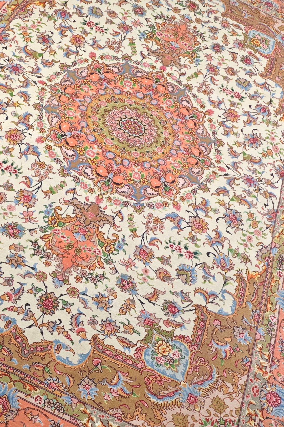 Ivory and Coral Radiating Medallion Tabriz, Hand-Knotted Wool Rug