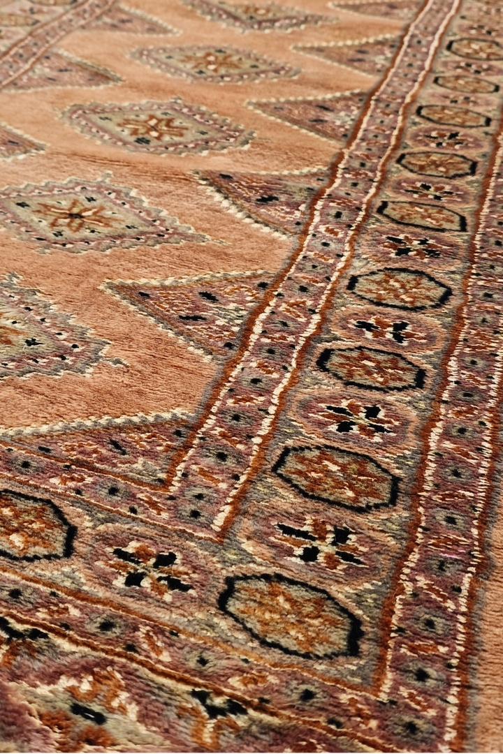 Salmon and Mauve Jaldar Diamond Gül, Hand-Knotted Wool and Silk Rug