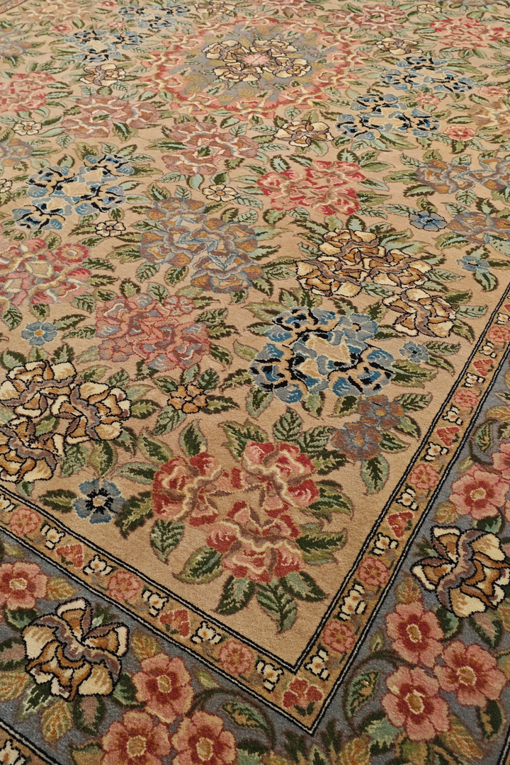 Camel and Pink Rose Floral, Hand-Knotted Wool Rug