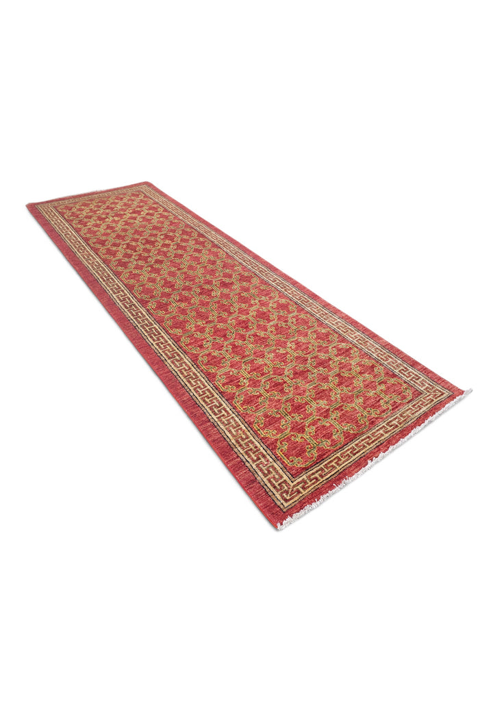 Brick Red and Camel Meander Lattice, Hand-Knotted Wool Rug
