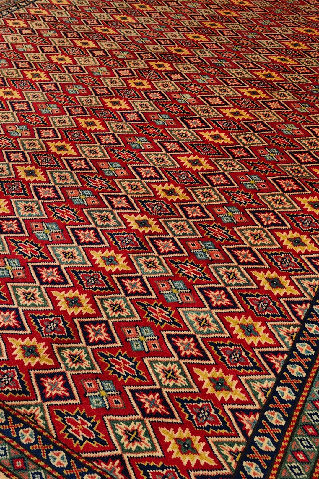 Red All-Over Diamond Lattice Rug, Hand-Knotted Afghani Sherwan