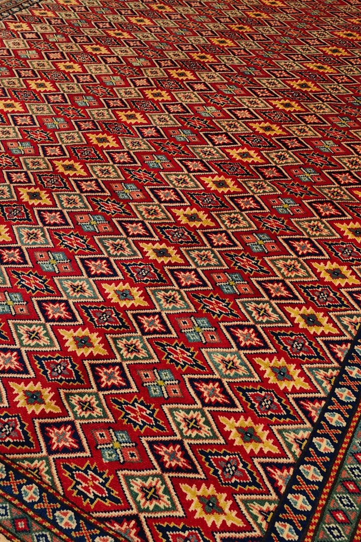 Red All-Over Diamond Lattice Rug, Hand-Knotted Afghani Sherwan