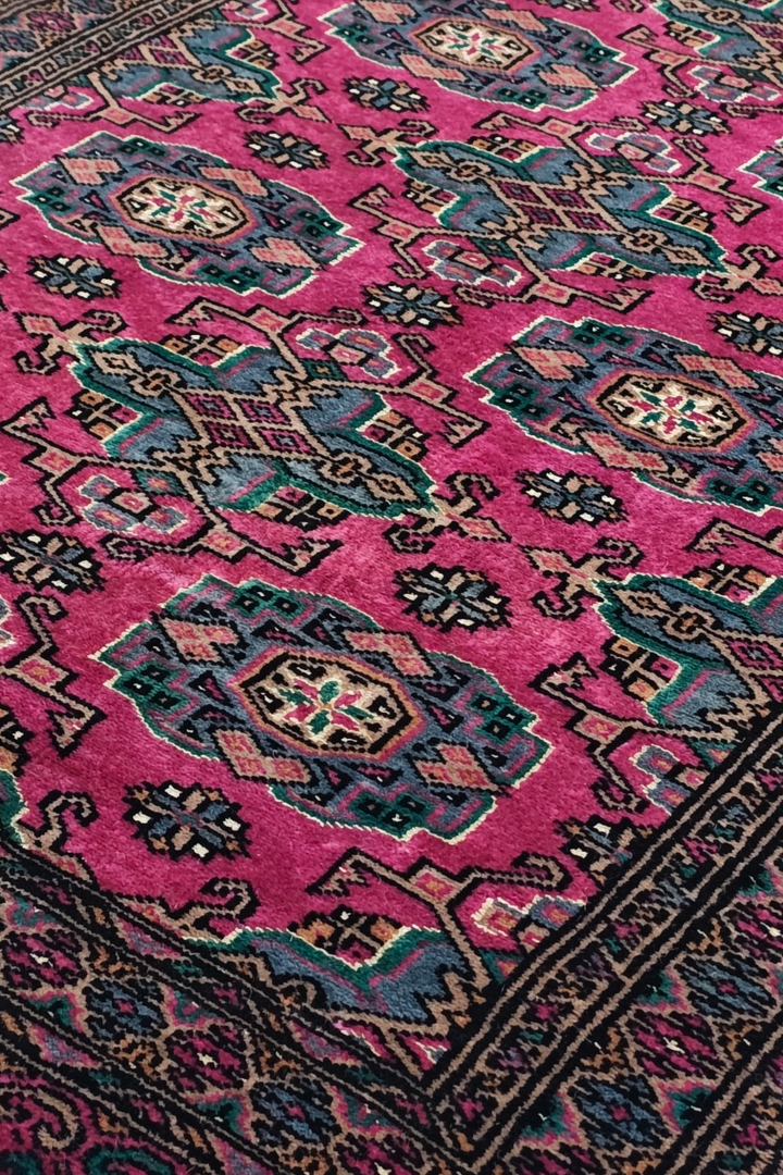 Magenta and Teal Jaldar Rosette Gül, Hand-Knotted Wool and Silk Rug