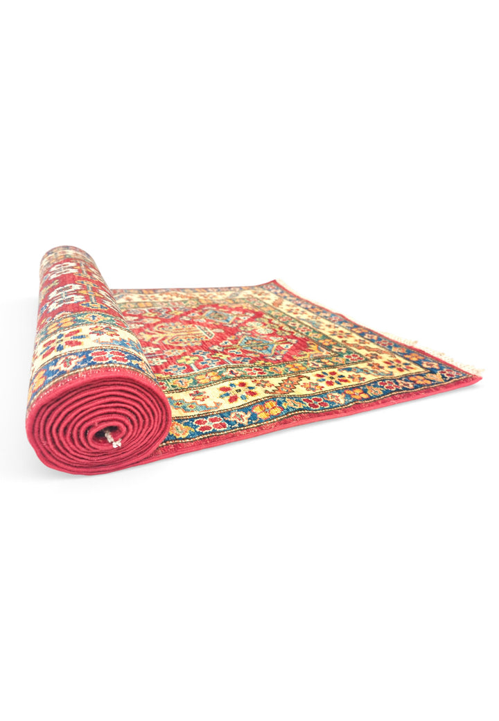 Red and Ivory All-Over Floral Kazak, Hand-Knotted Wool Rug