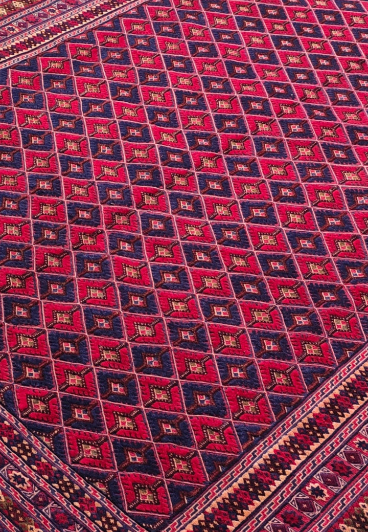 Crimson and Navy Diamond Lattice Kilim, Hand-Woven Wool