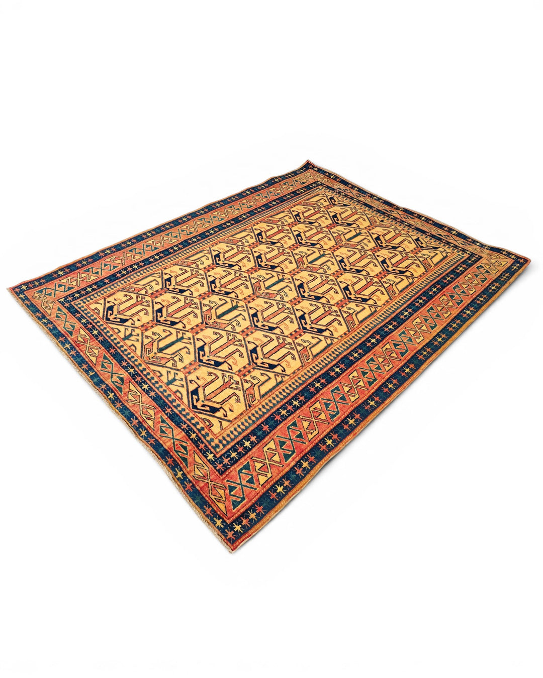 Gold &amp; Navy Caucasian Rug, Hand-Knotted Afghani Sherwan