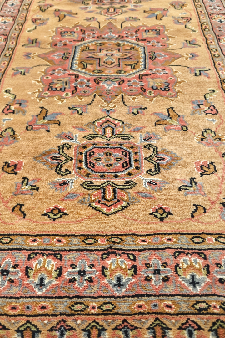 Golden and Rose Jaldar Medallion, Hand-Knotted Wool and Silk Rug