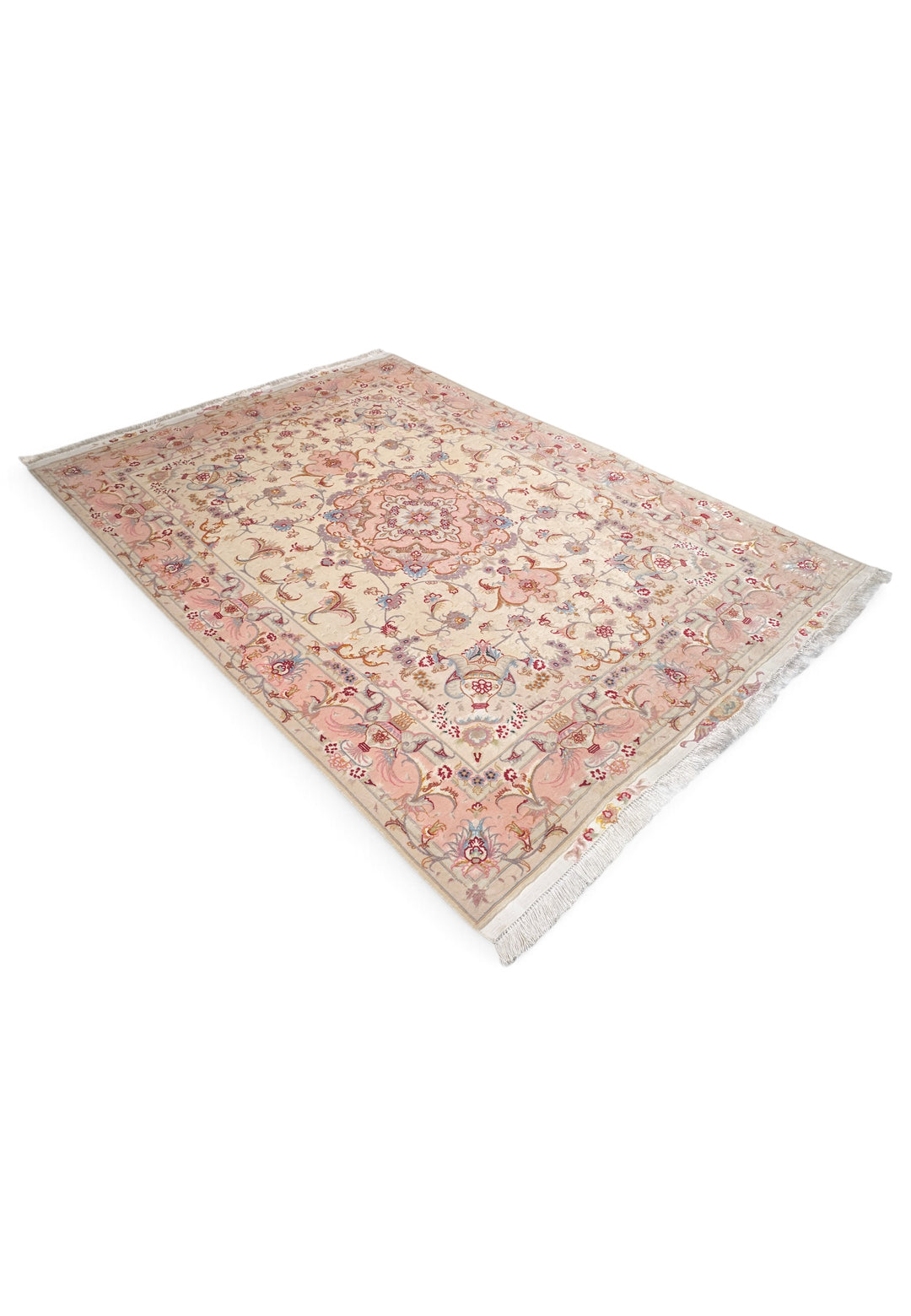 Cream and Rose Pink Vase Border Tabriz, Hand-Knotted Wool Rug