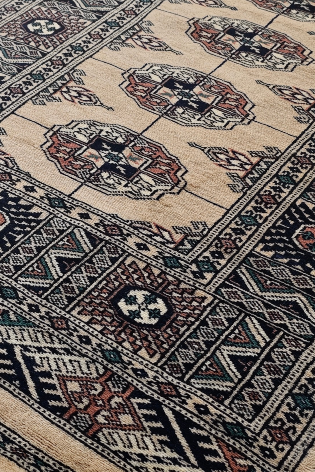 Camel and Navy Turkmen Gül Bokhara, Hand-Knotted Wool Rug