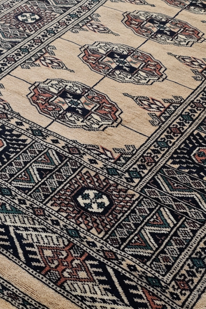 Camel and Navy Turkmen Gül Bokhara, Hand-Knotted Wool Rug