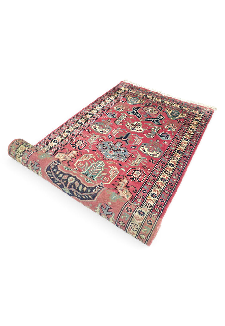 Rose and Teal Serrated Leaf Medallion, Hand-Knotted Wool Rug