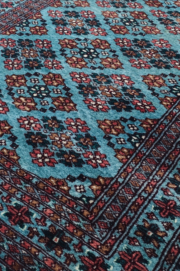 Turquoise and Rose Polychrome Lattice Jaldar, Hand-Knotted Wool Rug