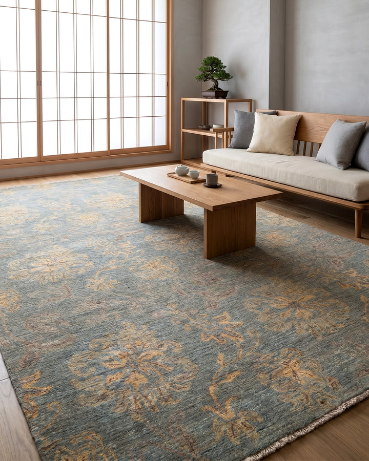 Celadon Blossom Gabbeh, Hand-Knotted Afghan Wool Rug
